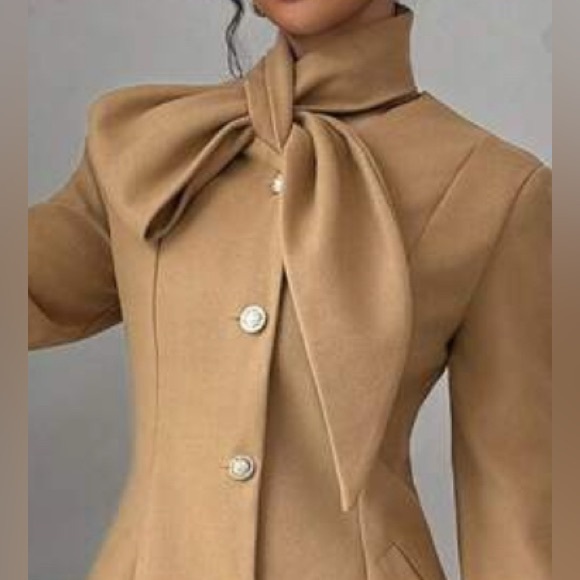 Classic Tan Tie Neck Button Pockets Coat Jacket - Picture 3 of 7